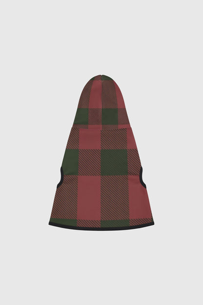 Dachshund wearing red green plaid cozy dog hoodie