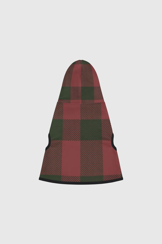 Dachshund wearing red green plaid cozy dog hoodie