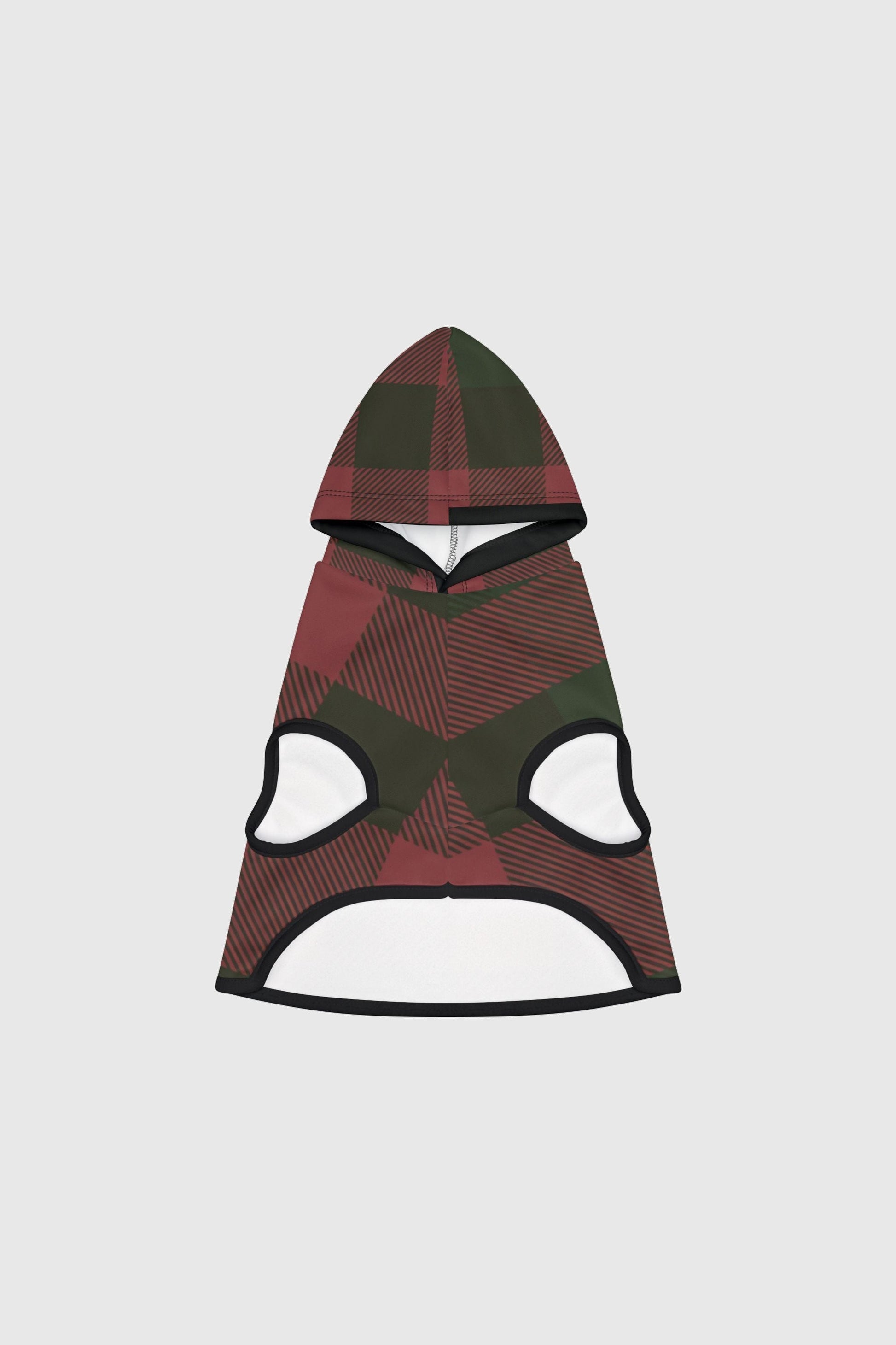 Golden retriever wearing red and green plaid dog hoodie