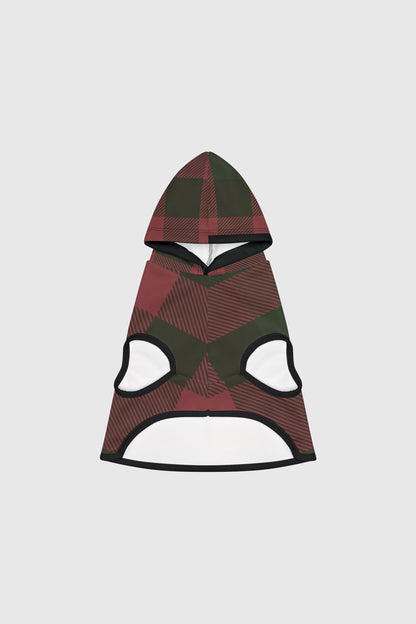 Golden retriever wearing red and green plaid dog hoodie