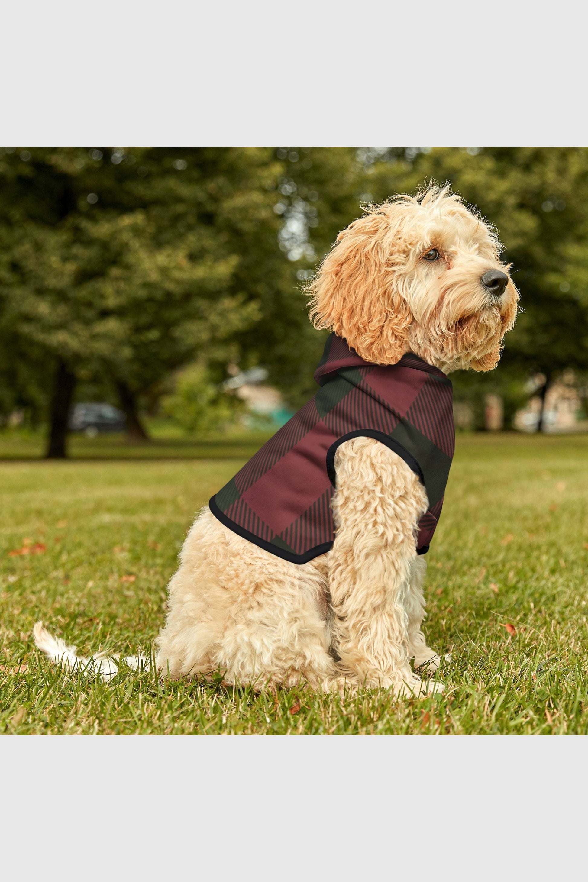 Red green plaid cozy dog hoodie, detail view
