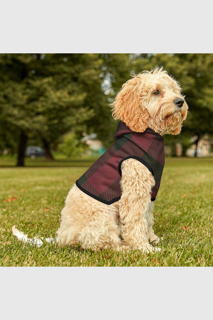Red green plaid cozy dog hoodie, detail view