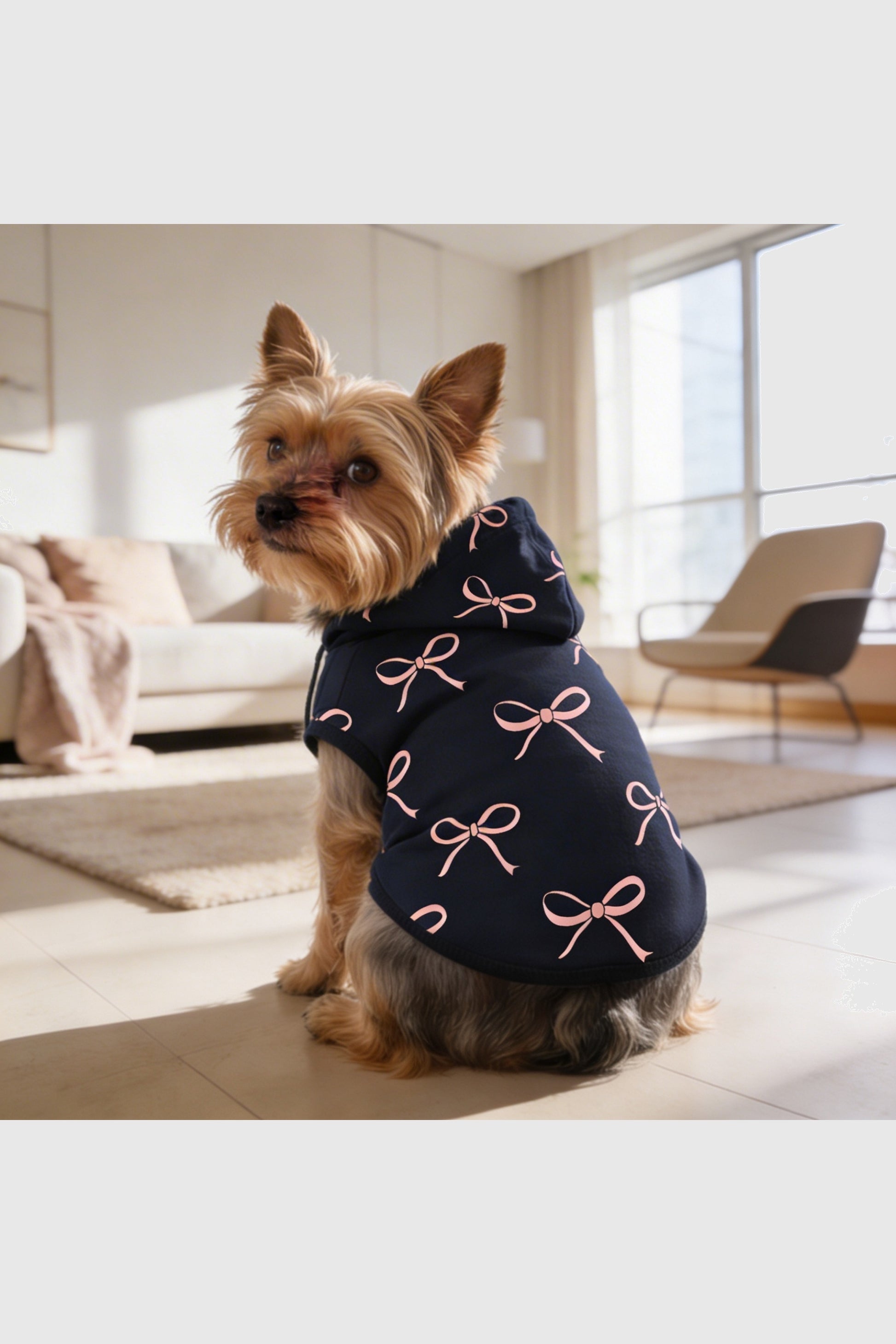 Navy and blush bow print dog hoodie, pullover style
