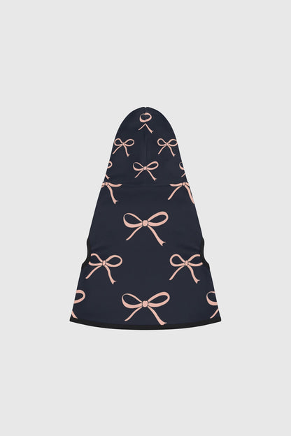Dachshund wearing navy blush bow print dog hoodie