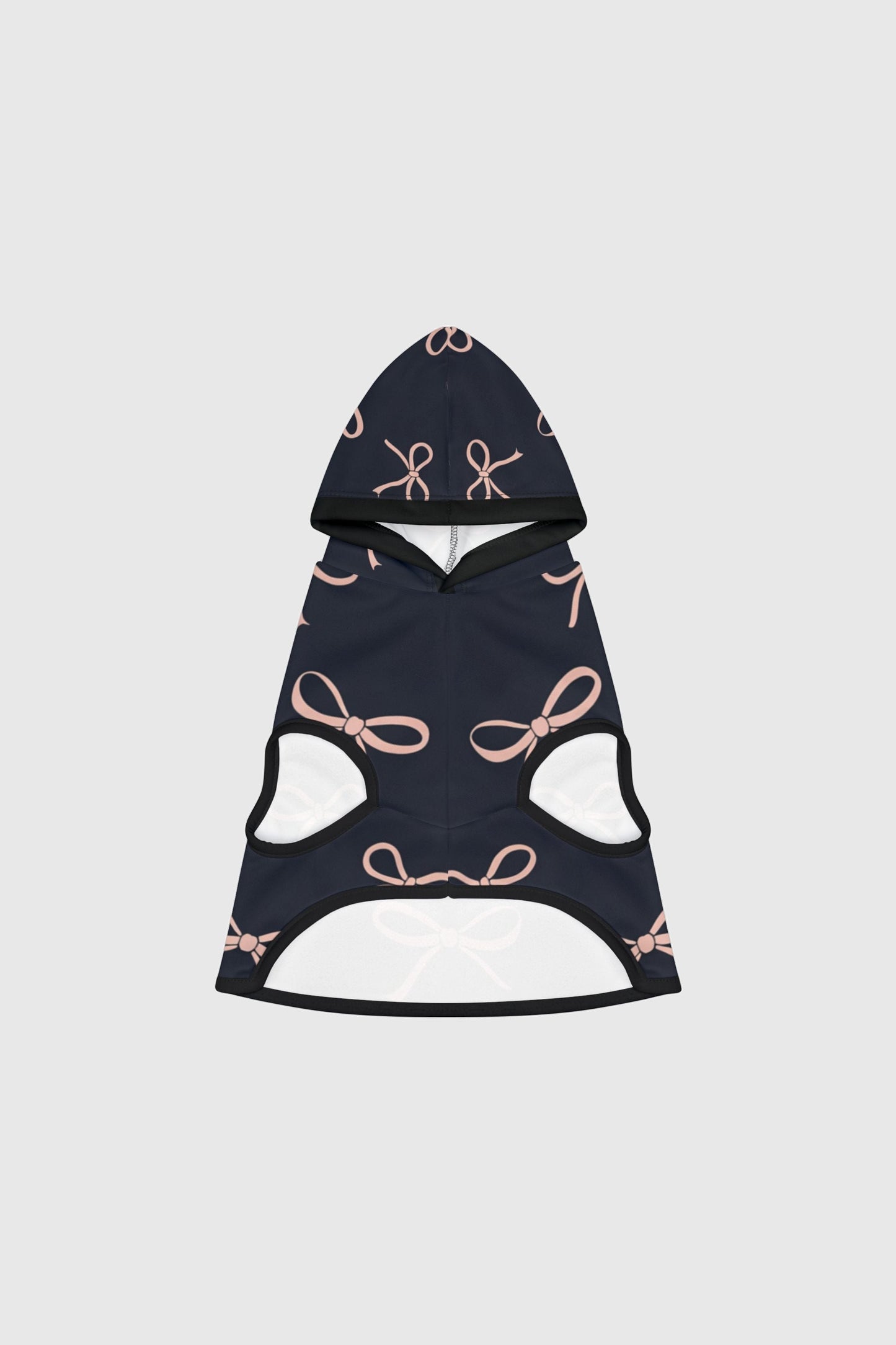 Bernese mountain dog wearing navy and blush bow dog hoodie