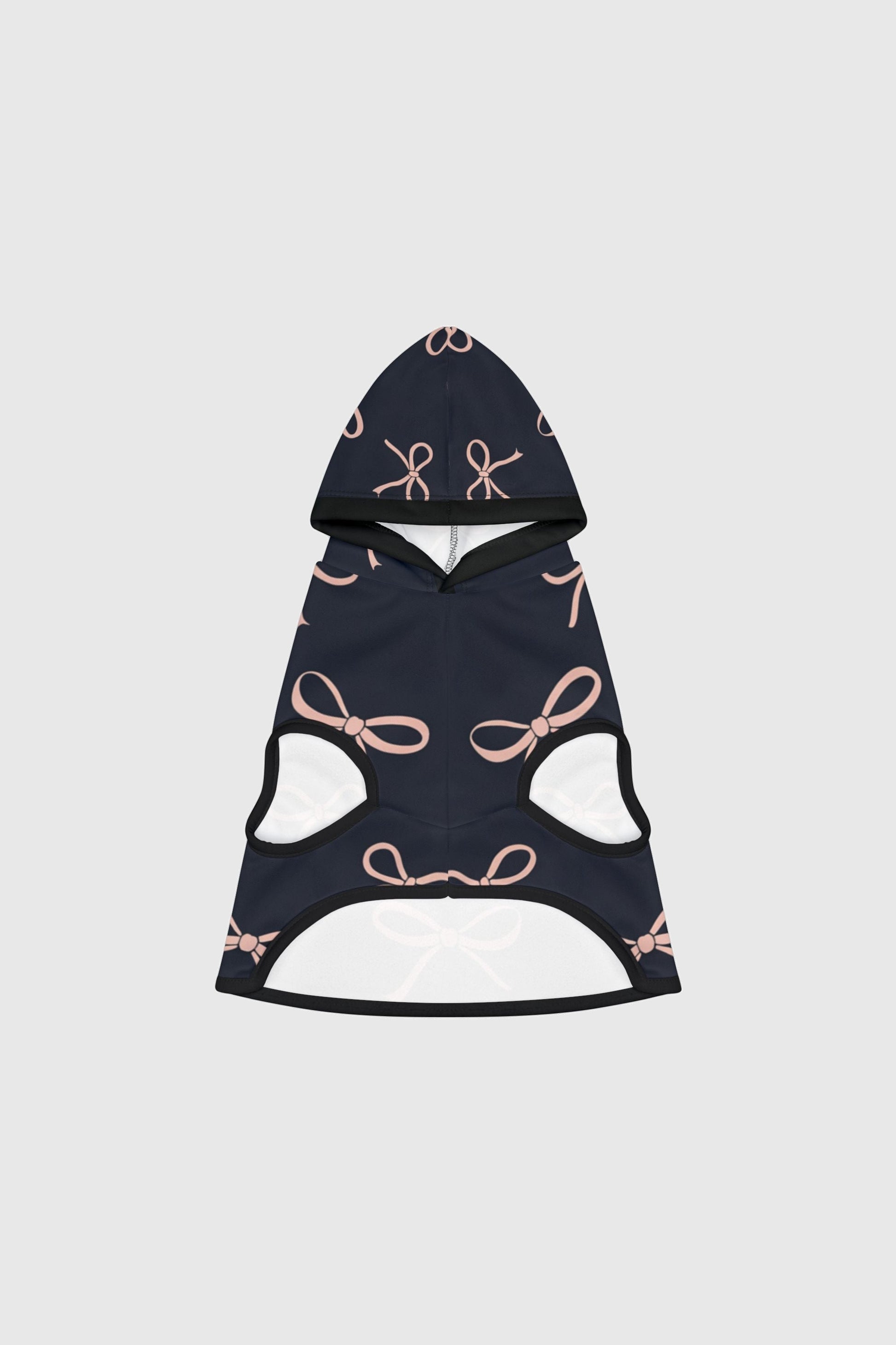 Bernese mountain dog wearing navy and blush bow dog hoodie
