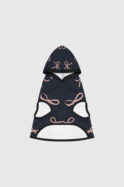 Bernese mountain dog wearing navy and blush bow dog hoodie