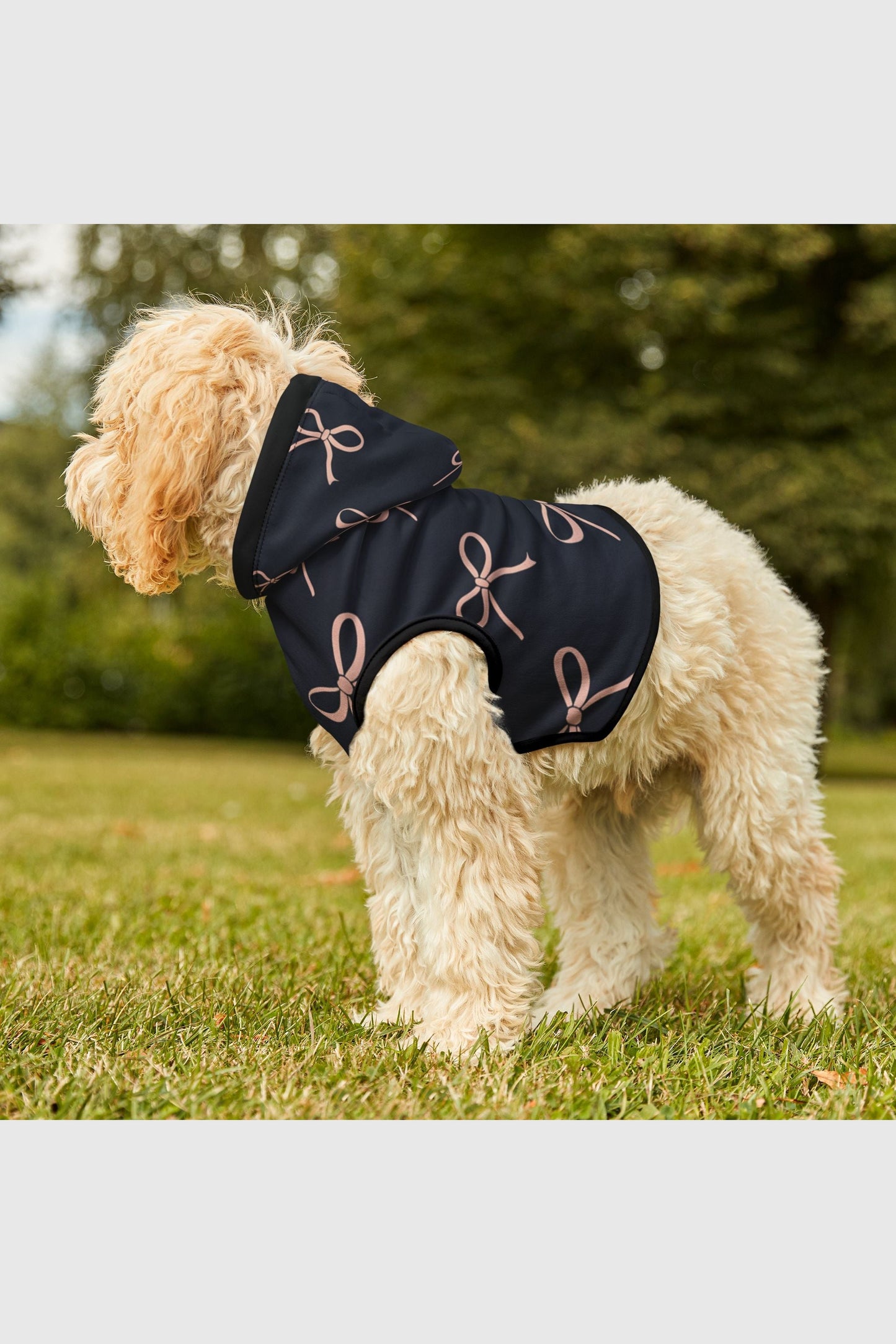 Bow print detail on navy blush dog hoodie