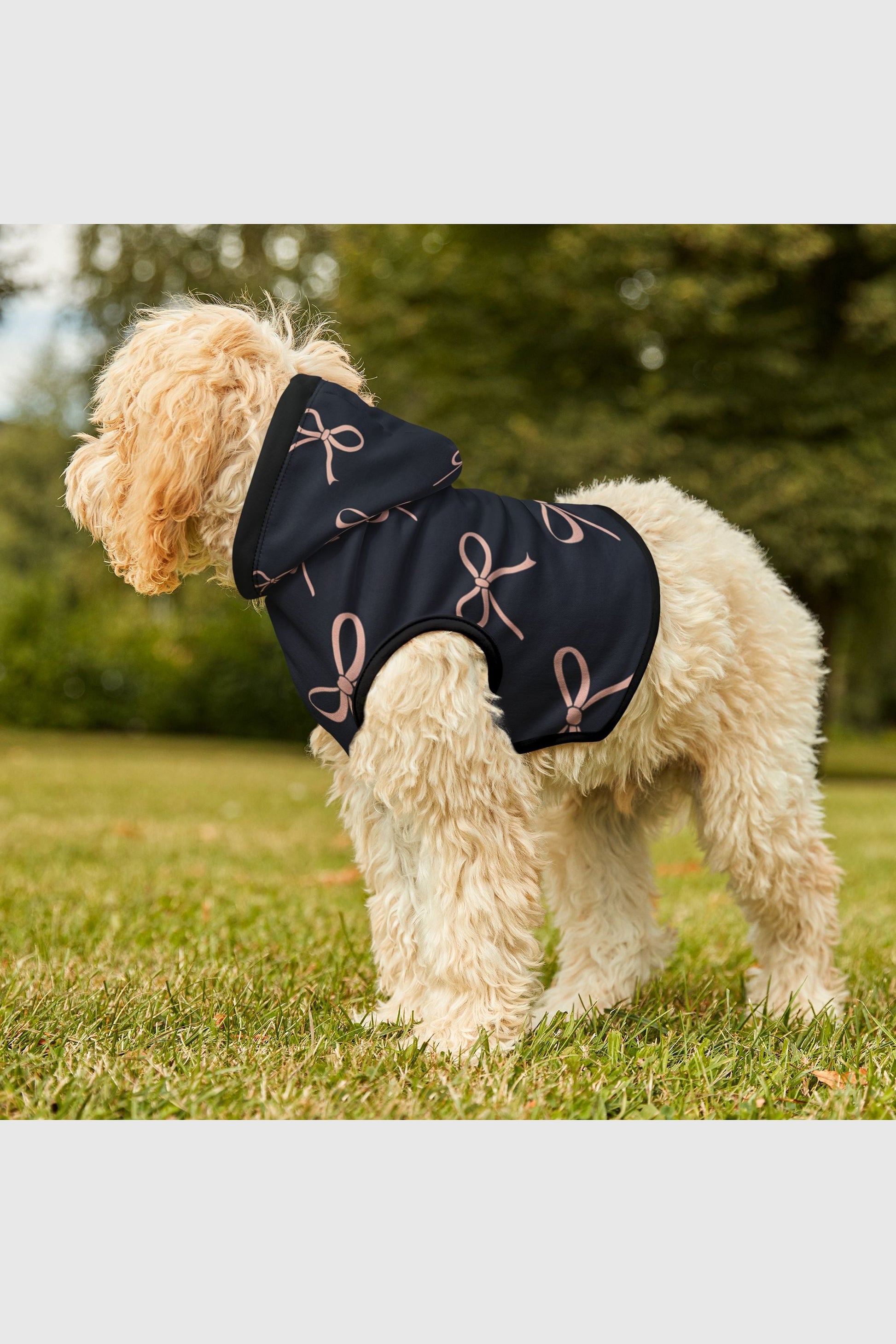 Bow print detail on navy blush dog hoodie