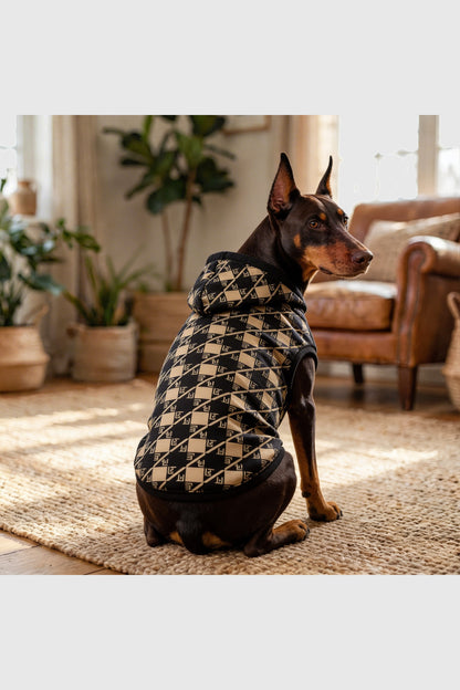 Black and cream diamond plaid cozy dog hoodie, pullover style
