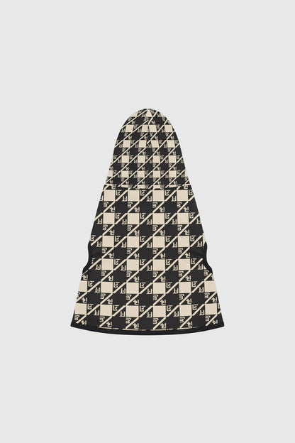 Dachshund wearing black cream diamond plaid cozy dog hoodie