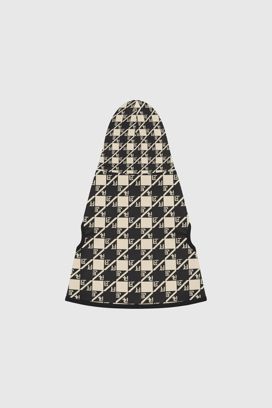 Dachshund wearing black cream diamond plaid cozy dog hoodie