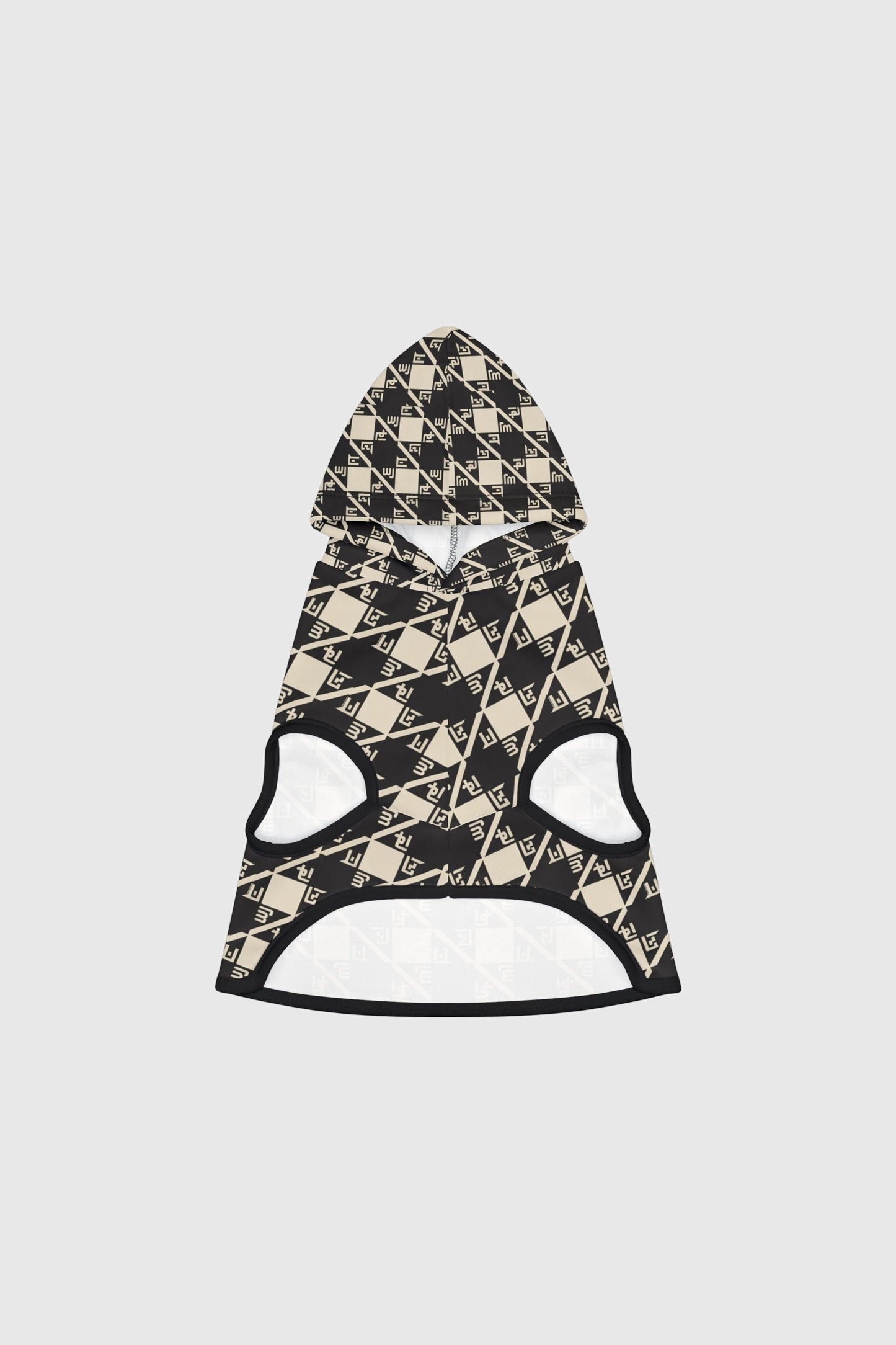 Weimaraner wearing black and cream diamond plaid dog hoodie
