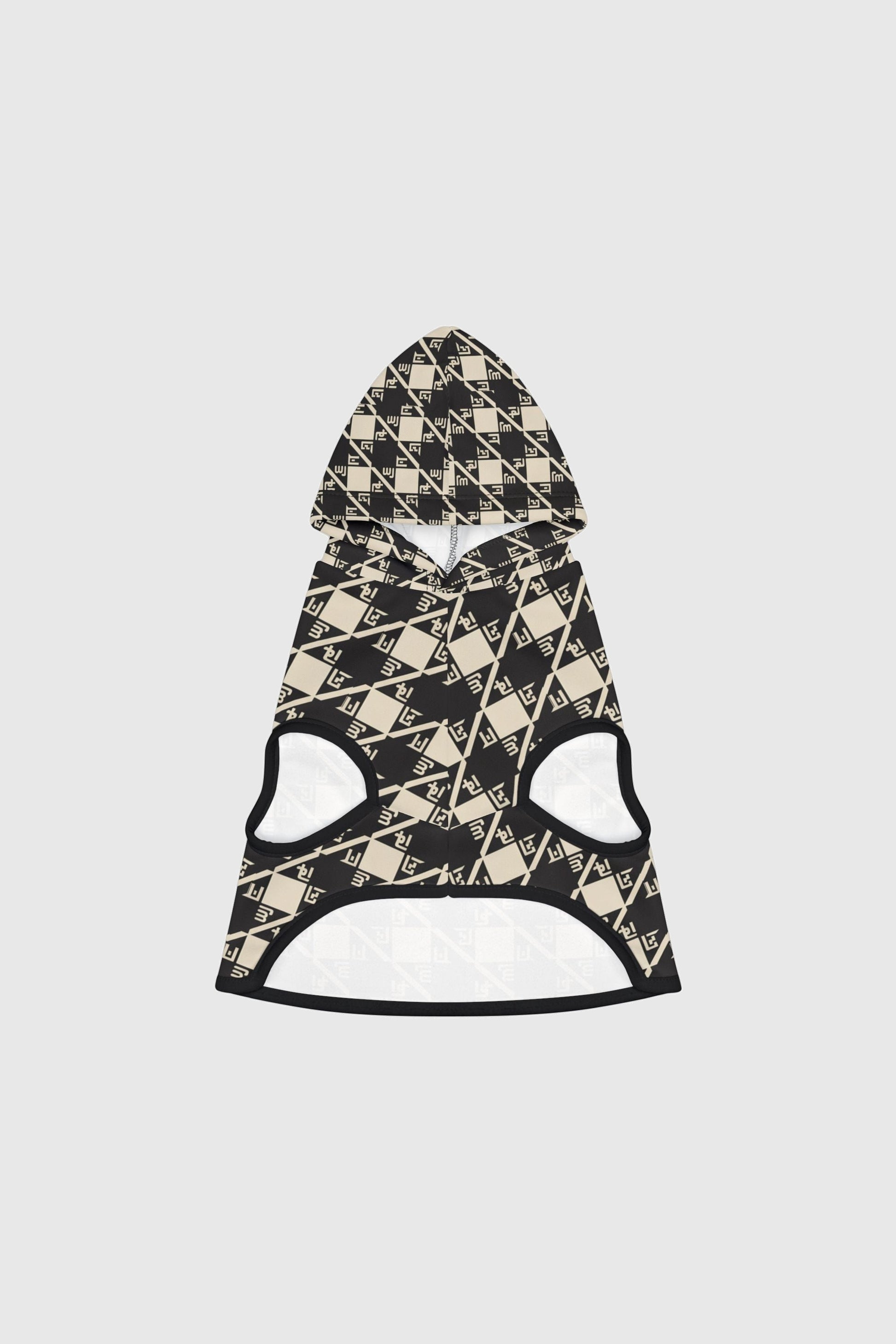 Weimaraner wearing black and cream diamond plaid dog hoodie