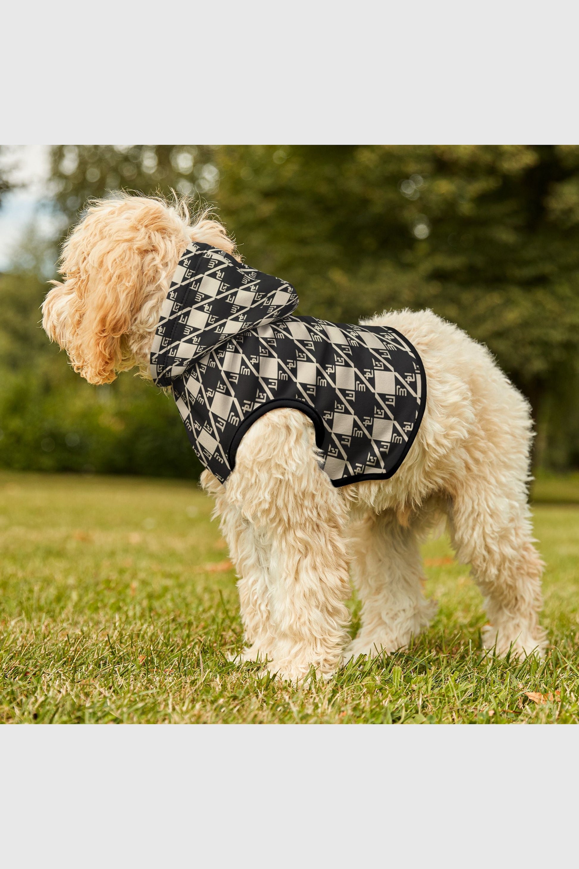 Diamond plaid pattern detail on black cream cozy dog hoodie