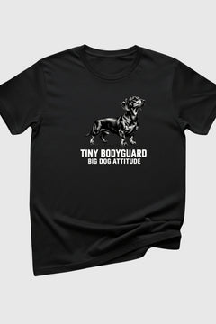 Black t-shirt with Tiny Bodyguard Big Dog Attitude dachshund print, unisex crew neck