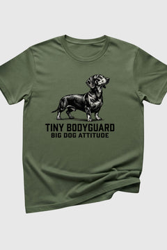 Woman wearing black Tiny Bodyguard Big Dog Attitude dachshund t-shirt