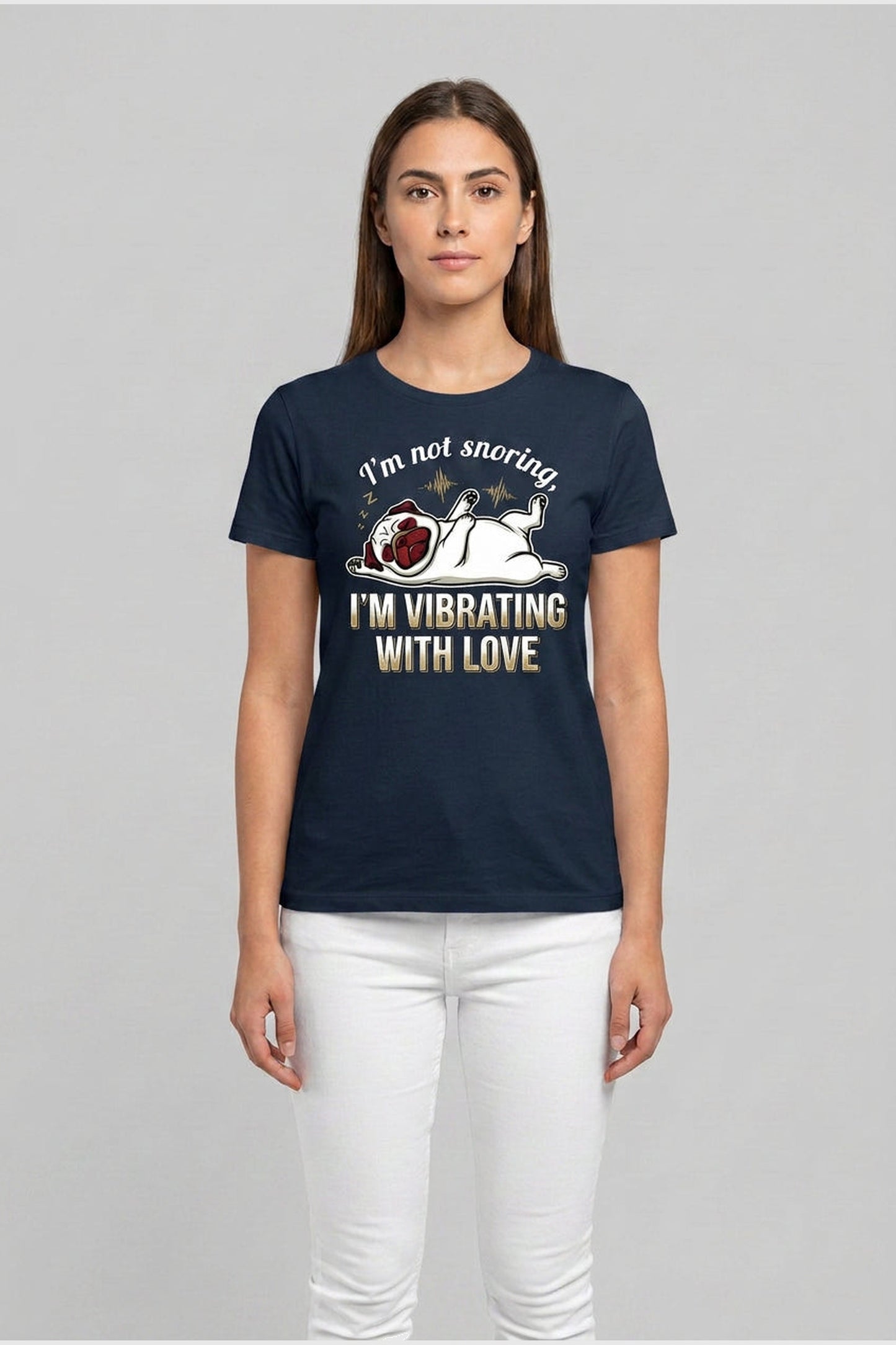 White t-shirt with pug snoring I'm Not Snoring I'm Dreaming print, unisex crew neck