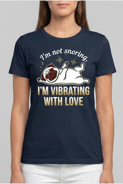 Woman wearing white pug snoring t-shirt