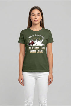Woman wearing black pug snoring t-shirt