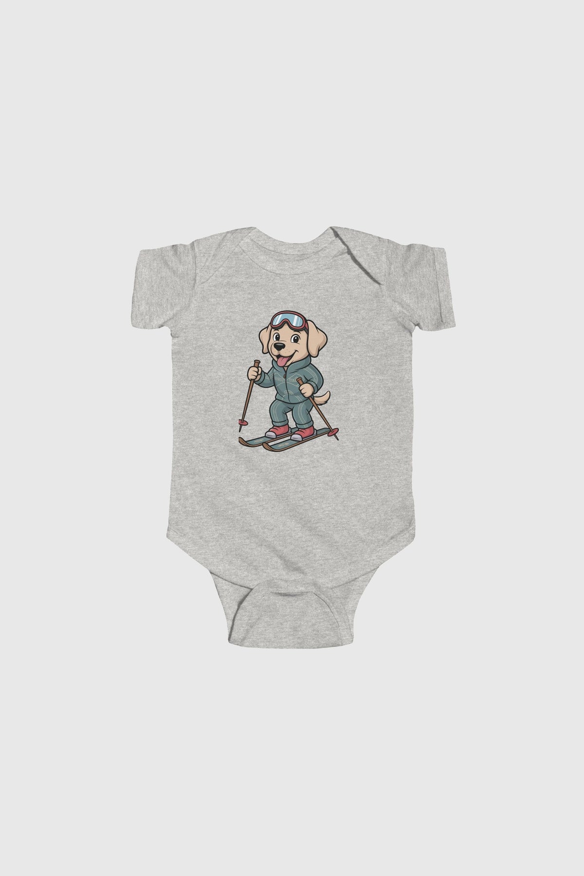 Yellow baby bodysuit with skiing labrador puppy print, snap closure