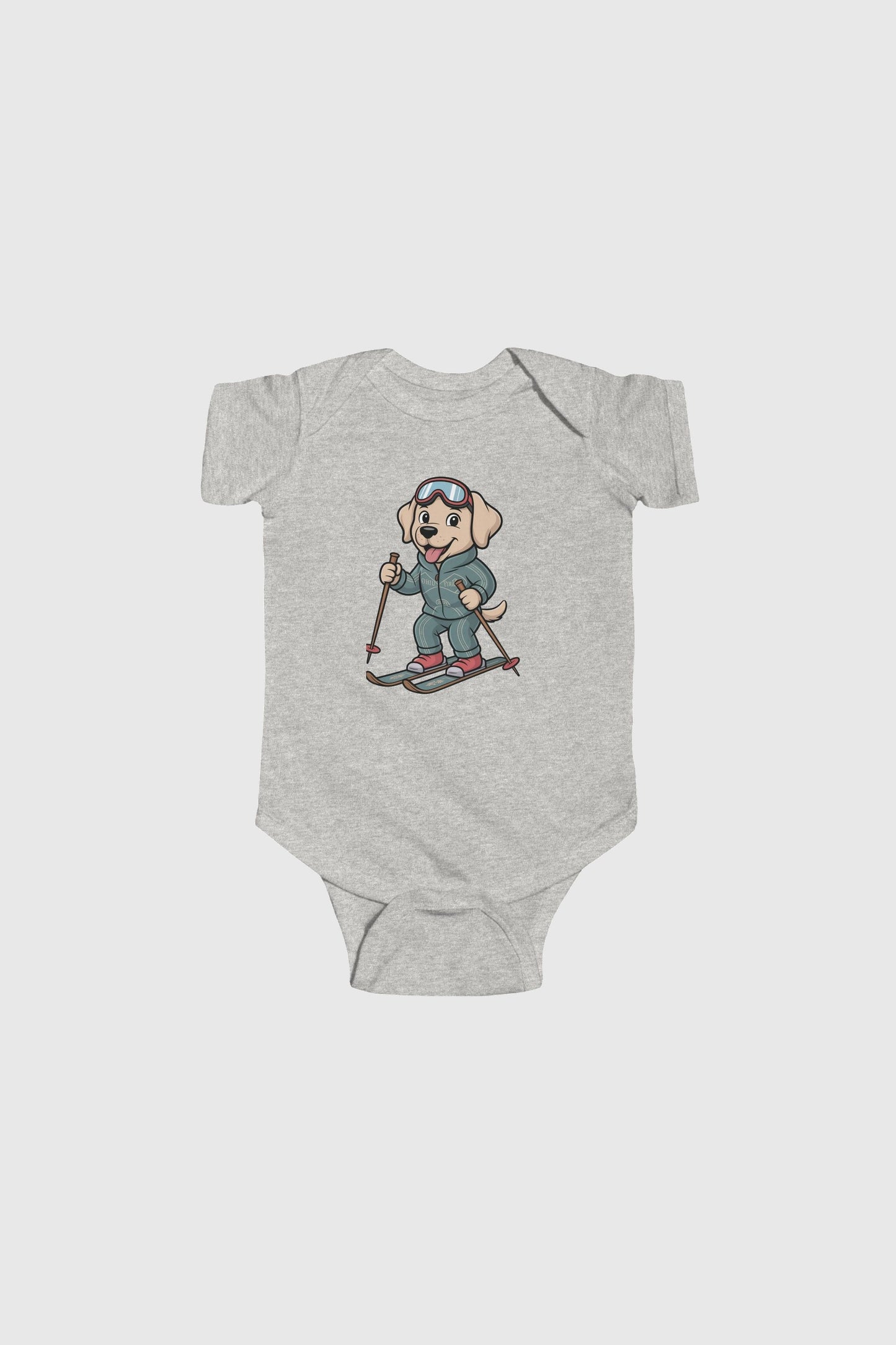Yellow baby bodysuit with skiing labrador puppy print, snap closure