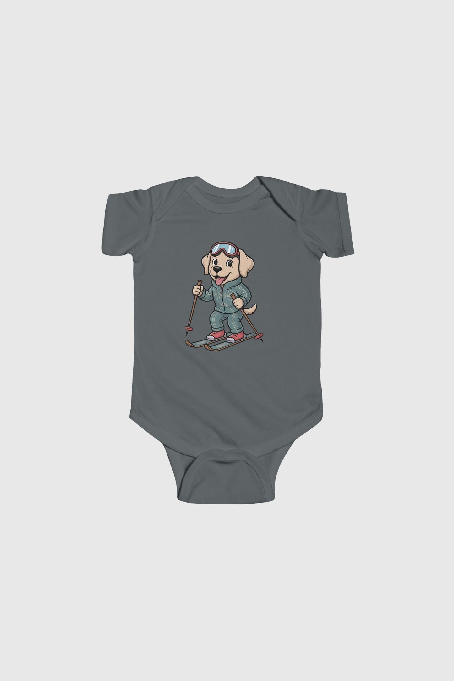 Baby wearing yellow skiing labrador puppy bodysuit