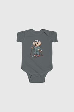 Baby wearing yellow skiing labrador puppy bodysuit