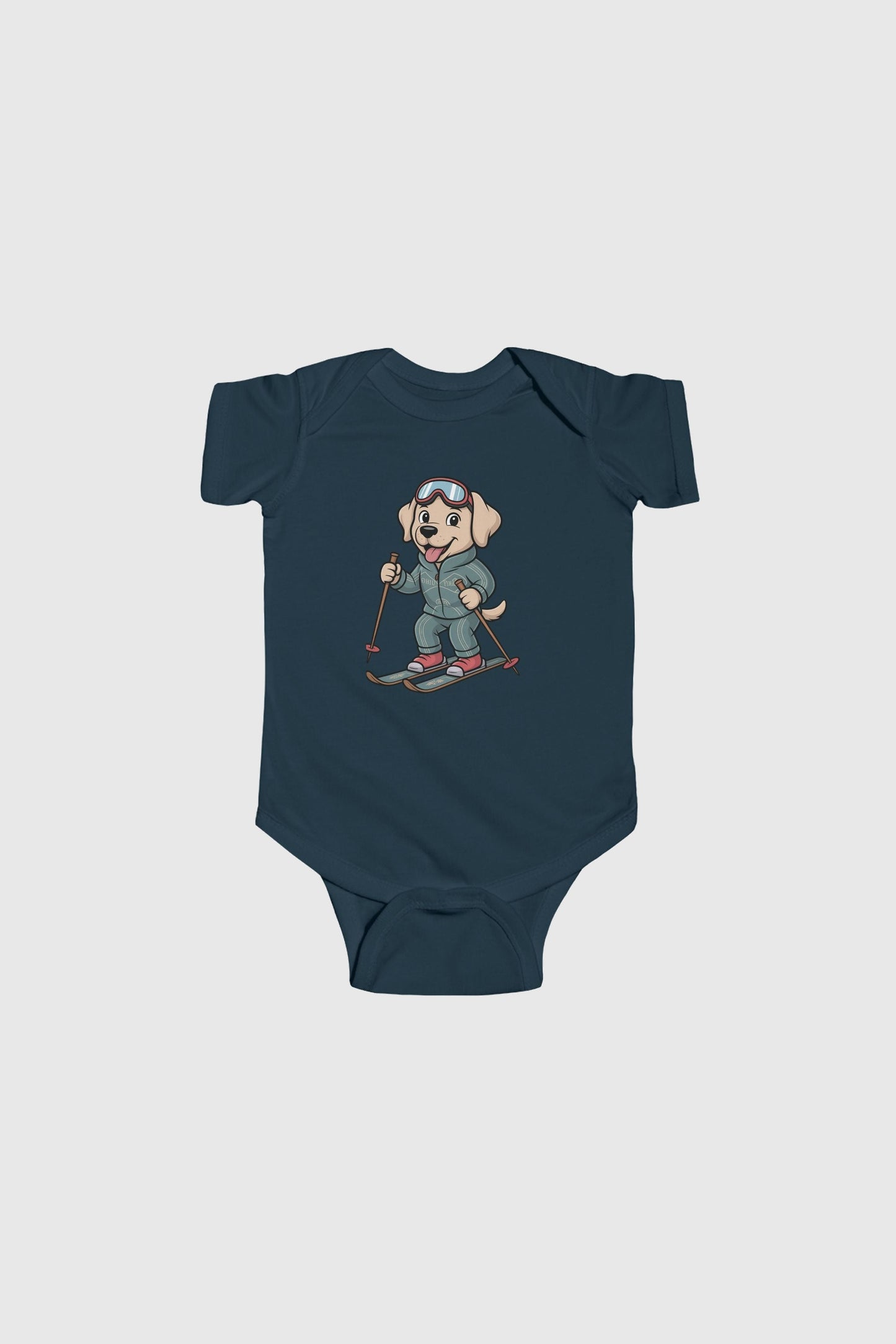 Light blue baby bodysuit with skiing labrador puppy print, snap closure