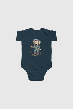 Light blue baby bodysuit with skiing labrador puppy print, snap closure