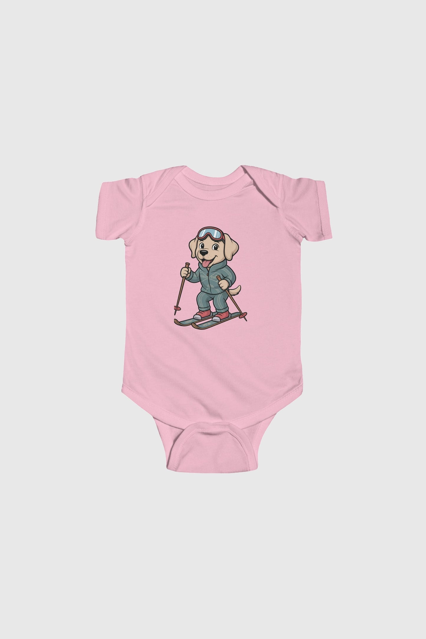 Baby wearing light blue skiing labrador bodysuit