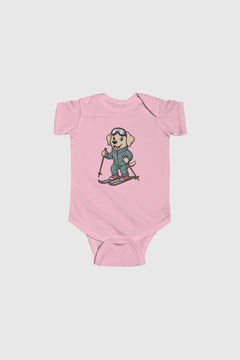Baby wearing light blue skiing labrador bodysuit