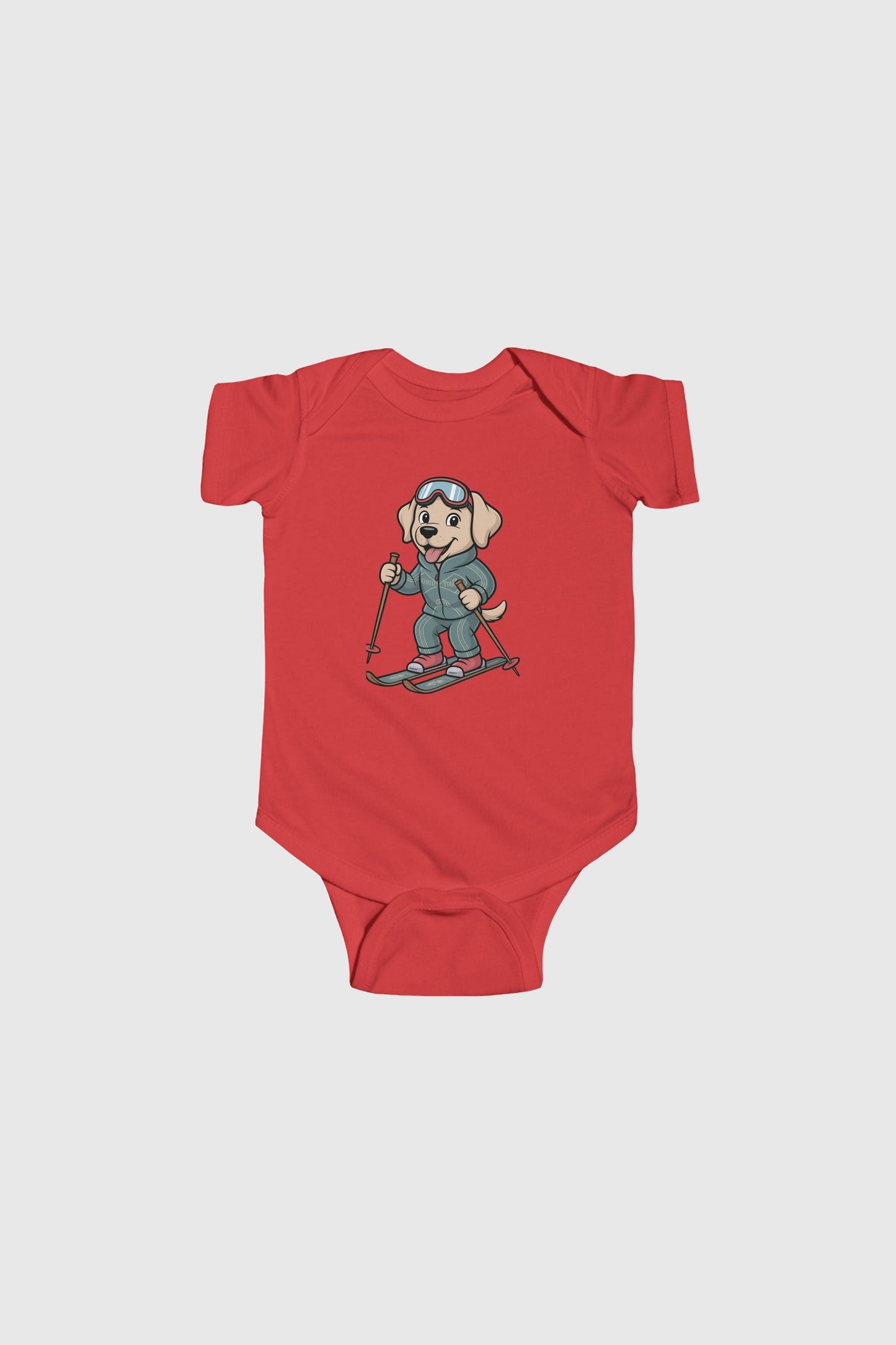 Lavender baby bodysuit with skiing labrador puppy print, snap closure
