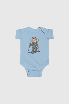 Baby wearing lavender skiing labrador puppy bodysuit