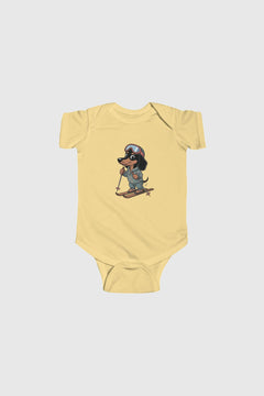Yellow baby bodysuit with cute skiing dachshund print, snap closure
