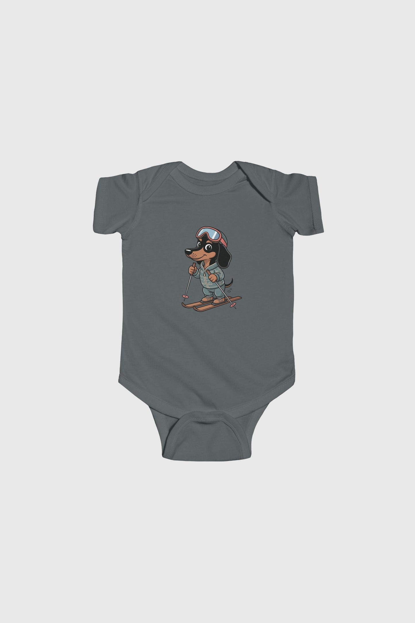 Light blue baby bodysuit with cute skiing dachshund print, snap closure