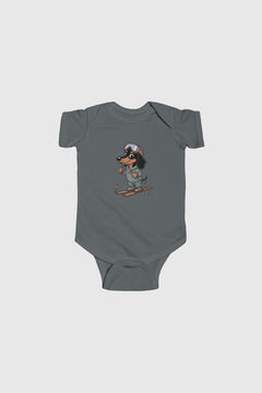 Light blue baby bodysuit with cute skiing dachshund print, snap closure