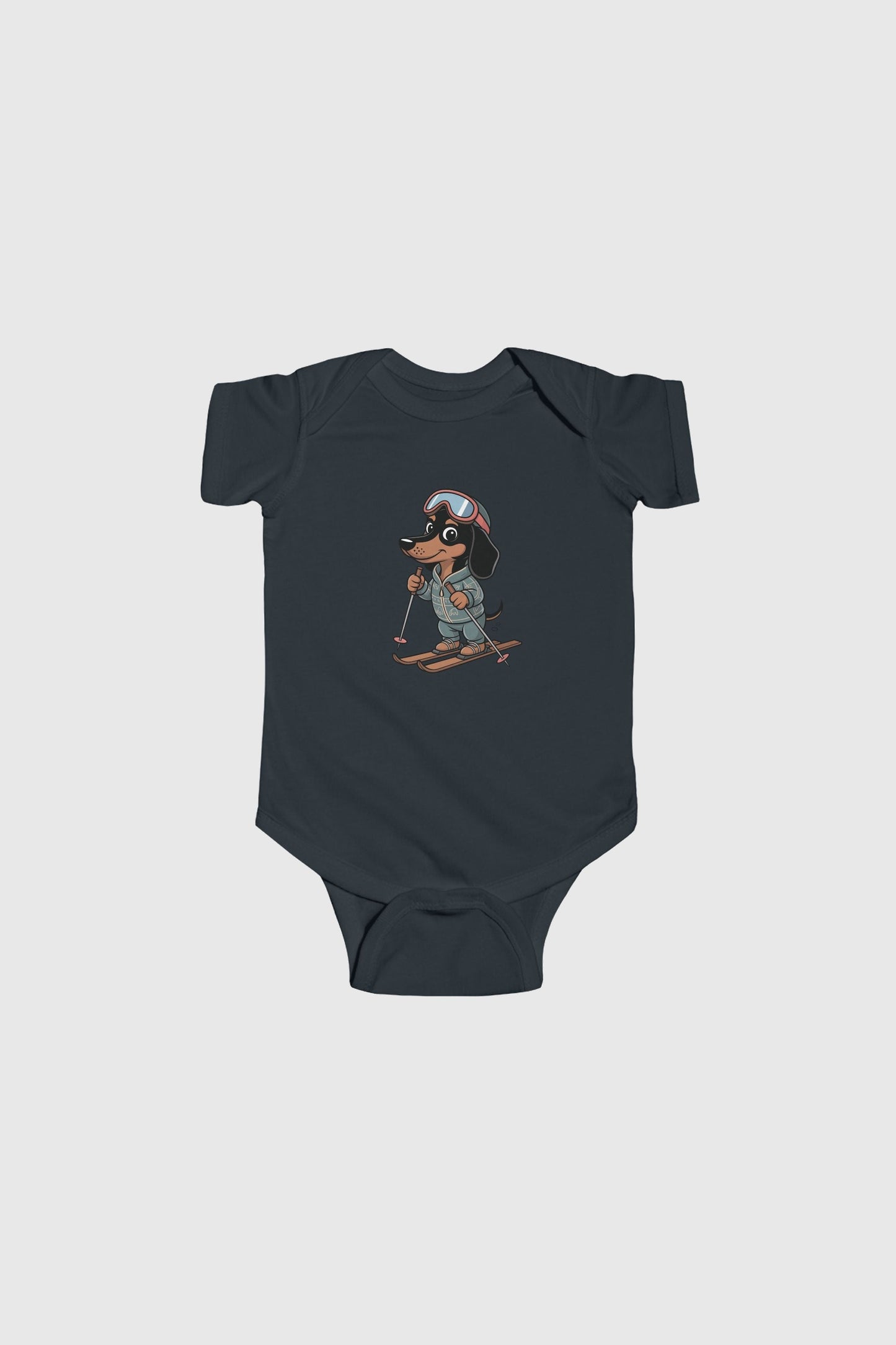 Baby wearing light blue skiing dachshund bodysuit