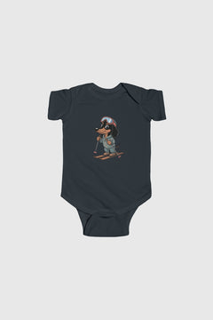 Baby wearing light blue skiing dachshund bodysuit