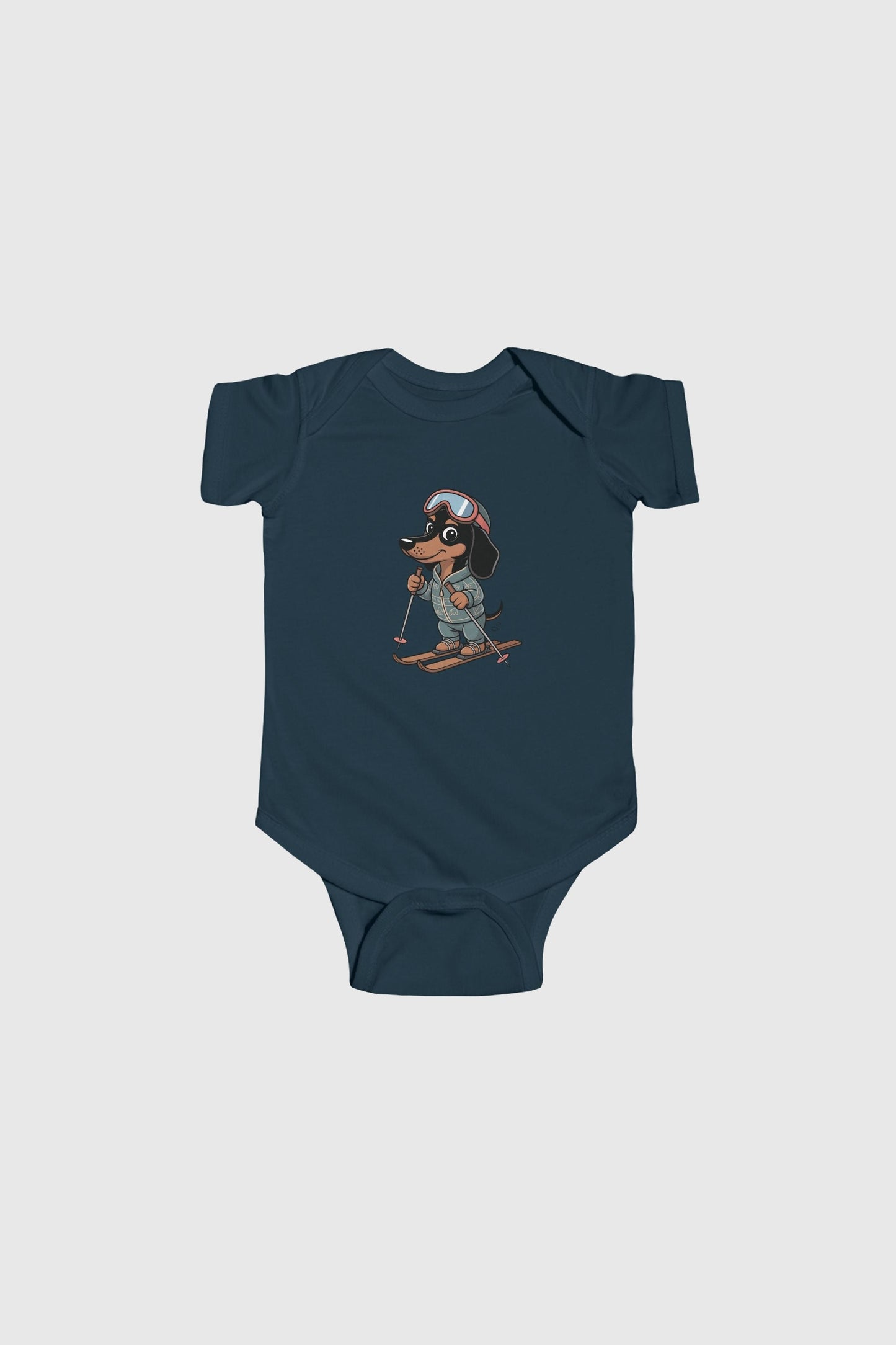 Lavender baby bodysuit with cute skiing dachshund print, snap closure