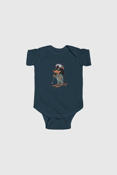 Lavender baby bodysuit with cute skiing dachshund print, snap closure