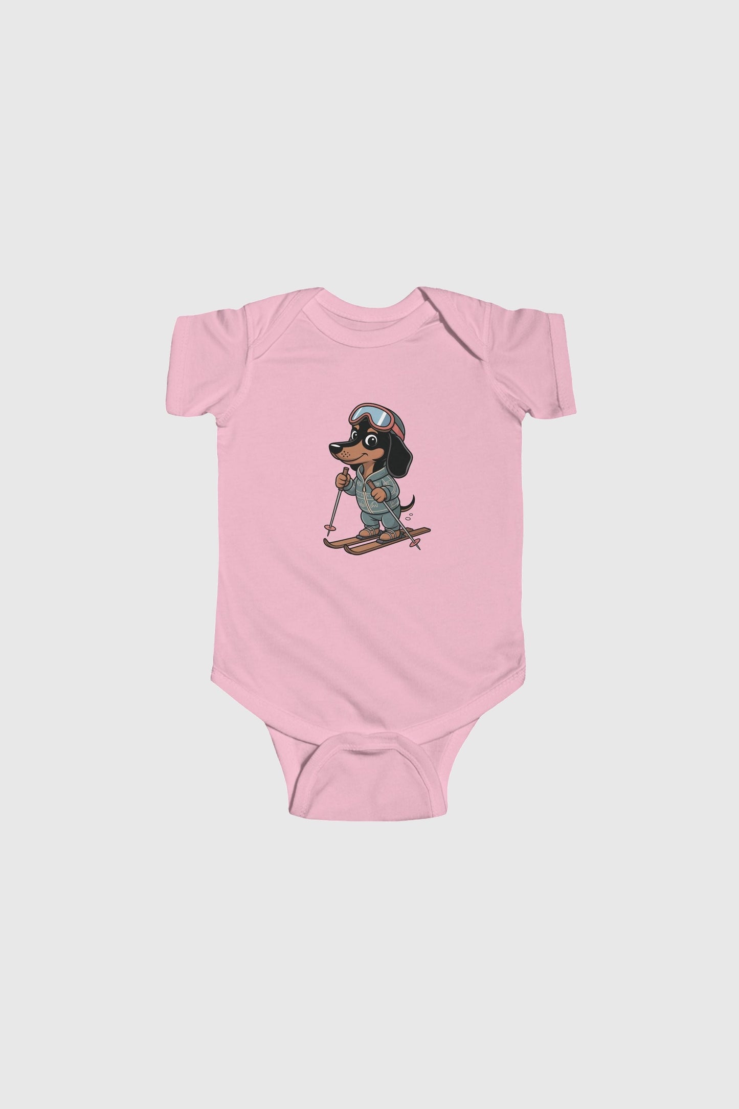 Baby wearing lavender skiing dachshund bodysuit