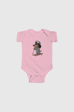 Baby wearing lavender skiing dachshund bodysuit