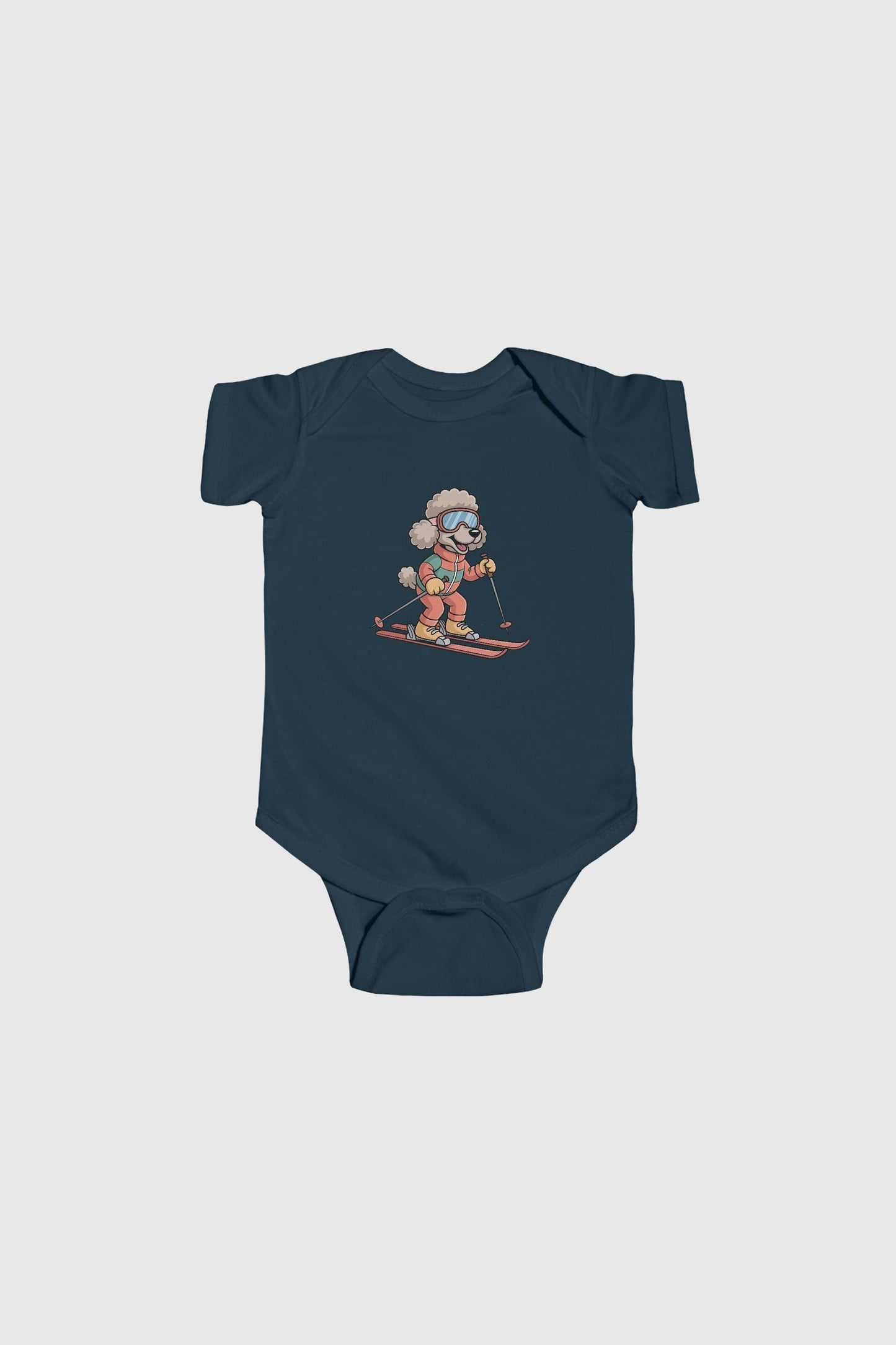 Yellow baby bodysuit with cute skiing poodle print, snap closure