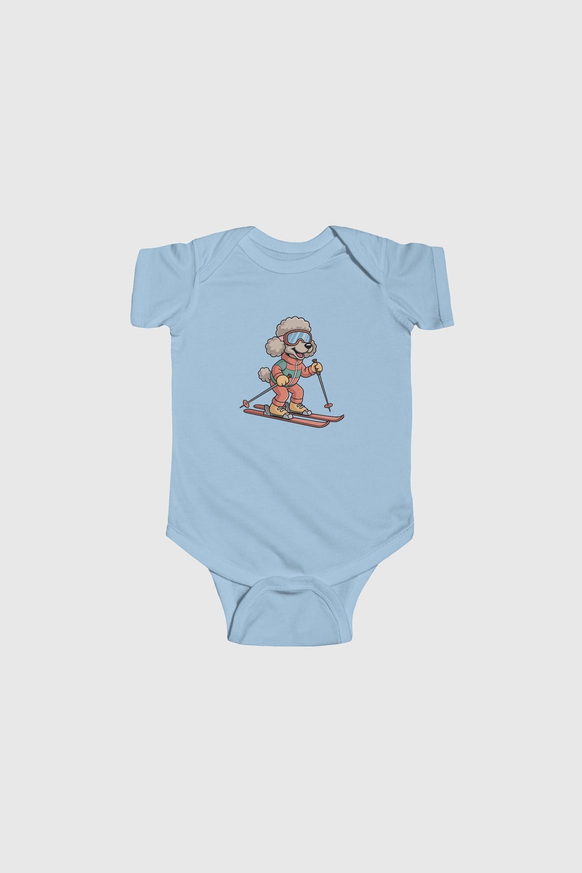 Baby wearing yellow skiing poodle bodysuit