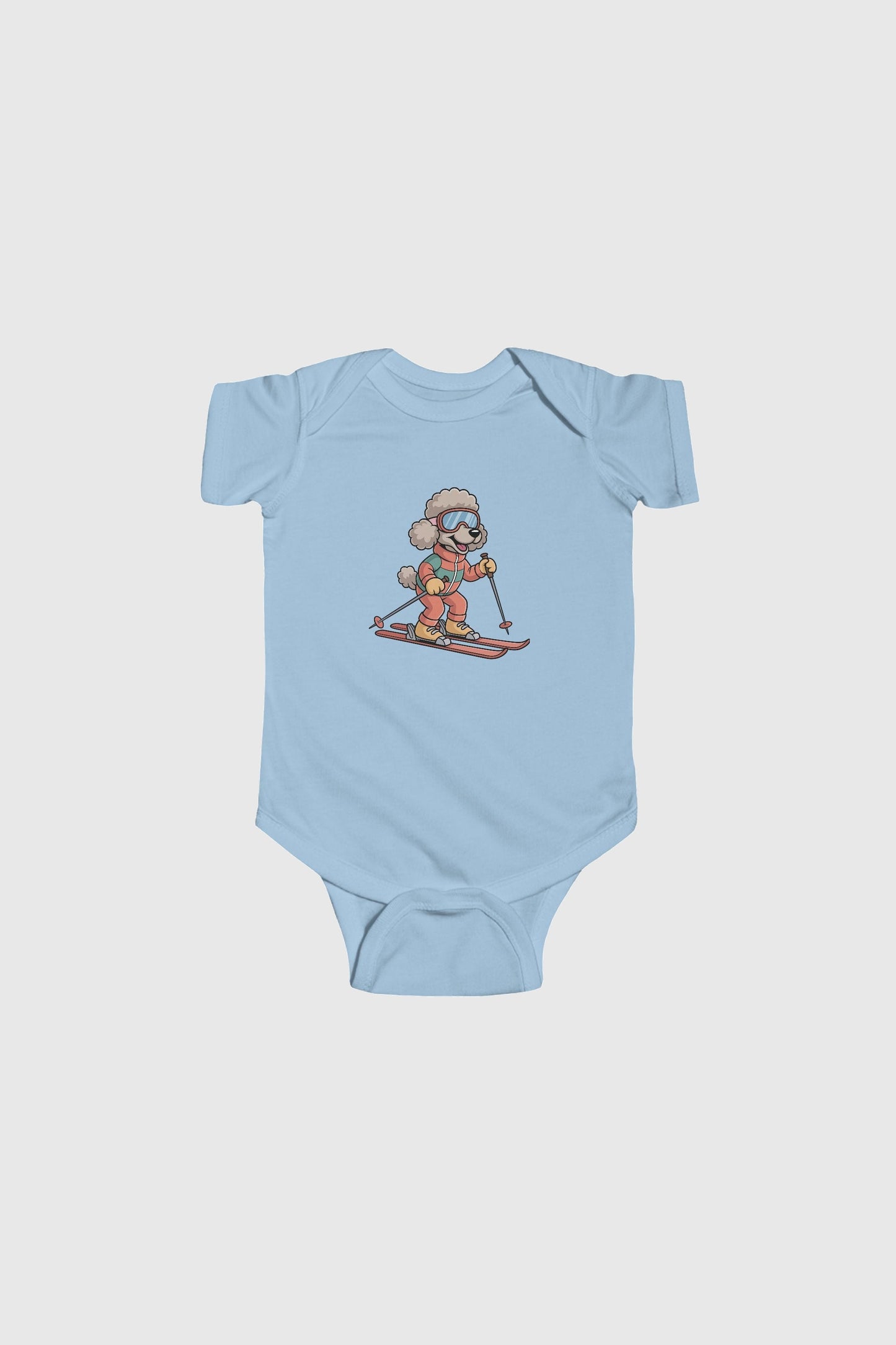 Baby wearing yellow skiing poodle bodysuit