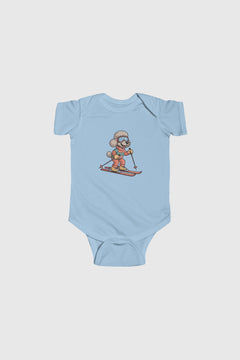 Baby wearing yellow skiing poodle bodysuit