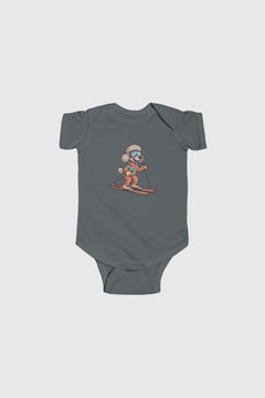 Light blue baby bodysuit with cute skiing poodle print, snap closure