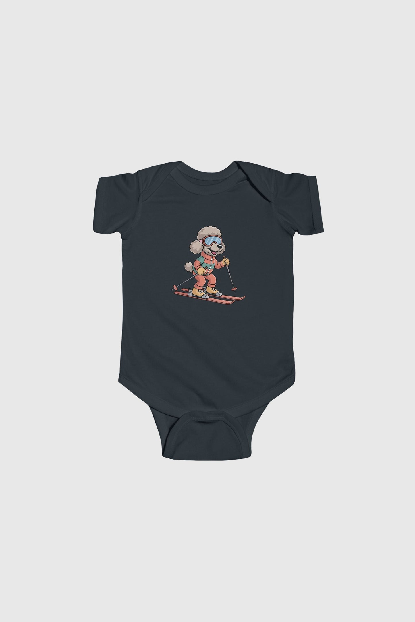 Baby wearing light blue skiing poodle bodysuit