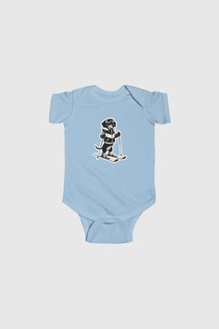 Baby wearing yellow skiing black labrador bodysuit